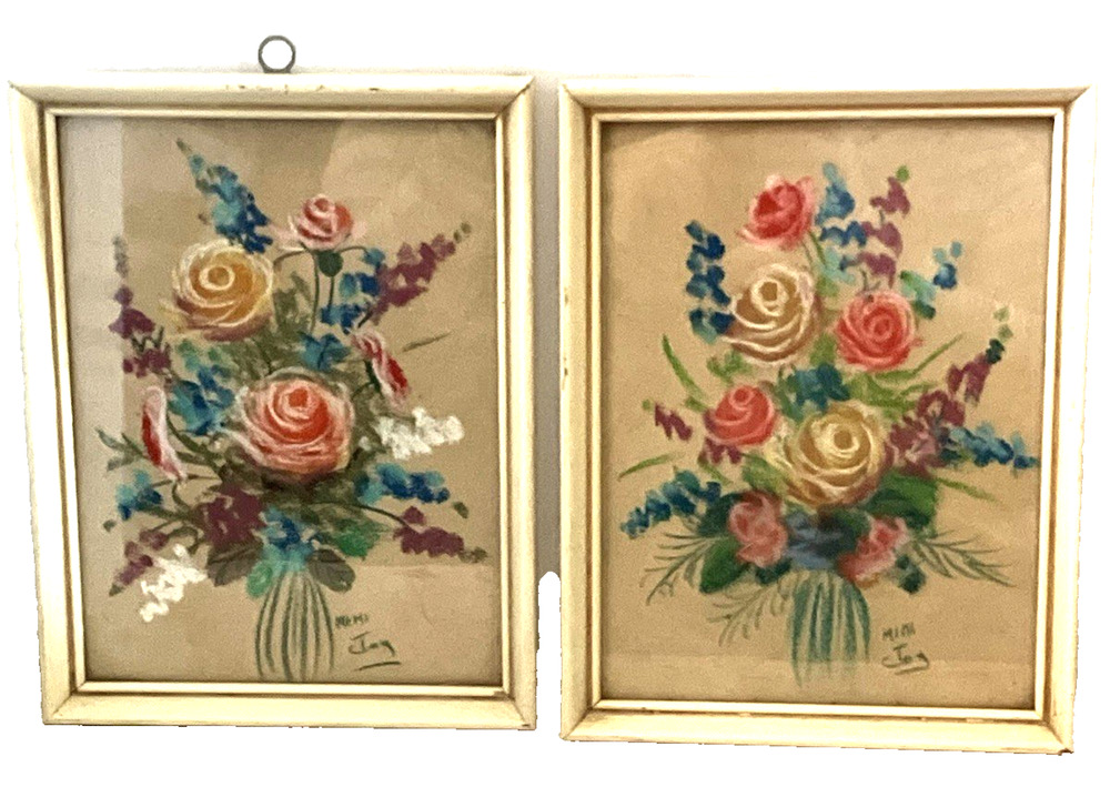 Pair of 1940s MIMI JOY, Mabel C. Heyde, FLORAL PASTEL PAINTING, Framed, SIGNED